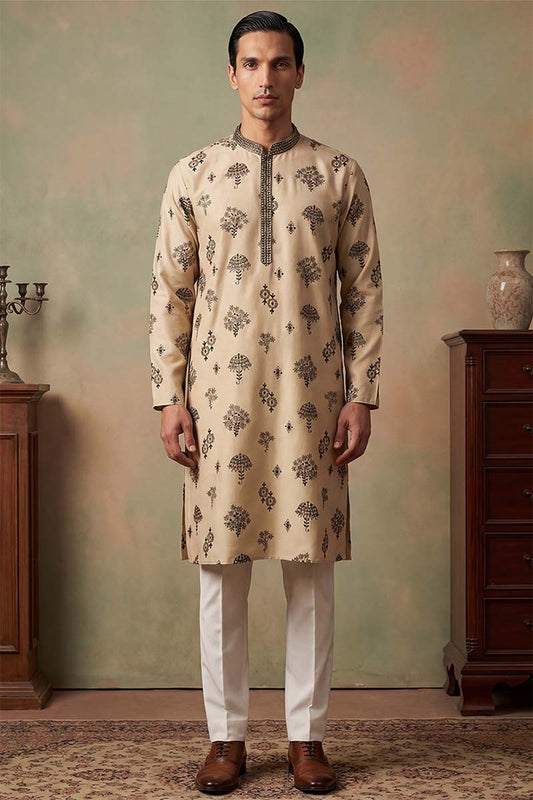 Mens Silk Blend Embroidered Solid Cream Kurta With Trousers MKSET1716
