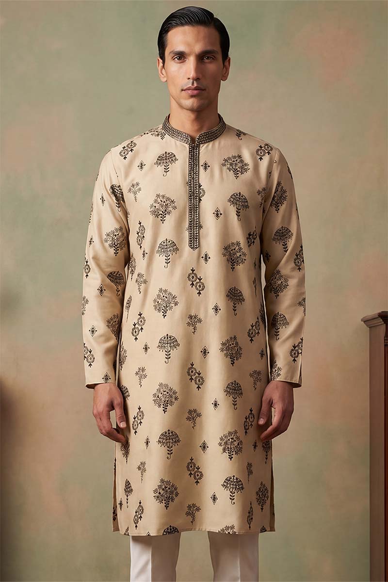 Mens Silk Blend Embroidered Solid Cream Kurta MKU1716