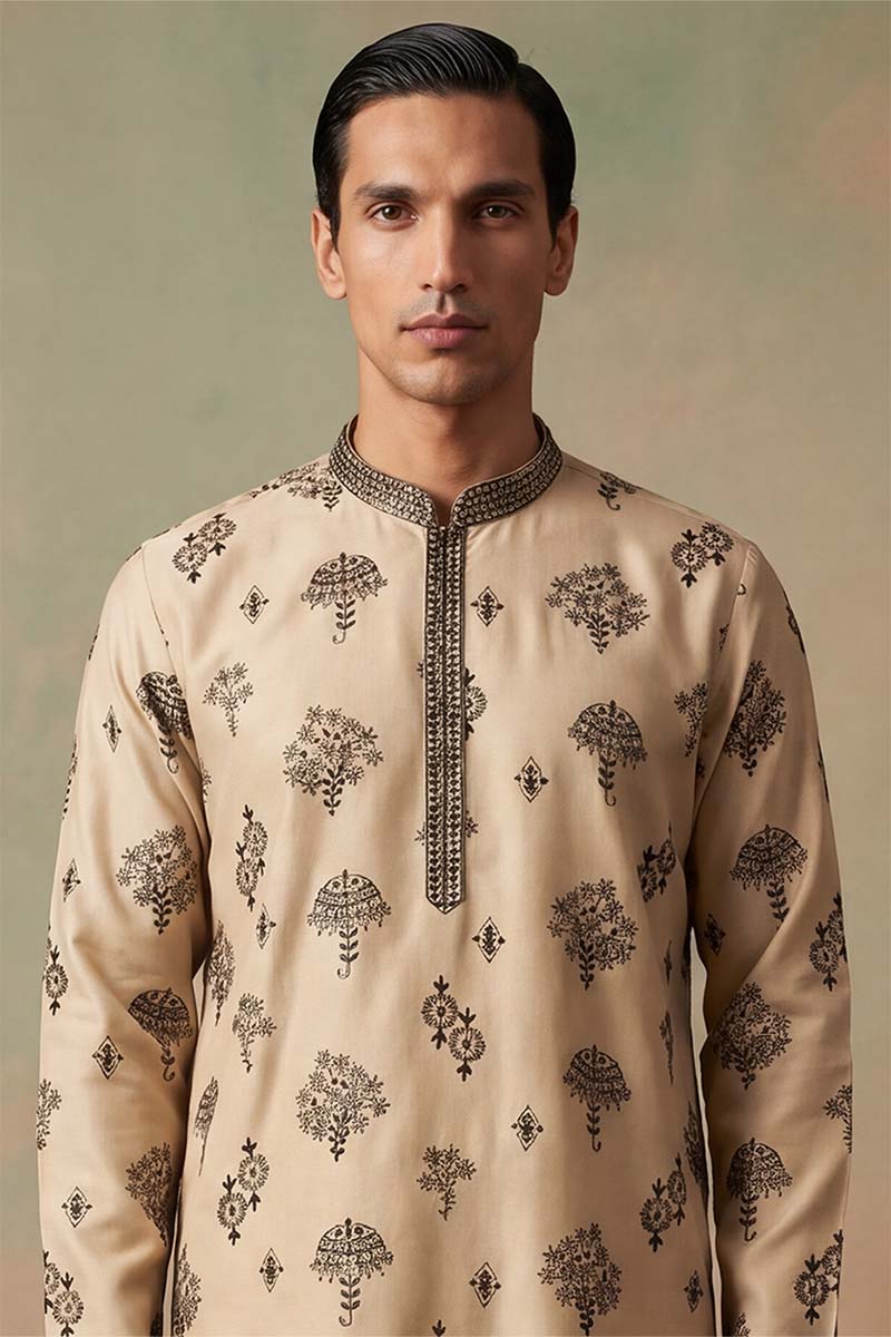 Mens Silk Blend Embroidered Solid Cream Kurta MKU1716
