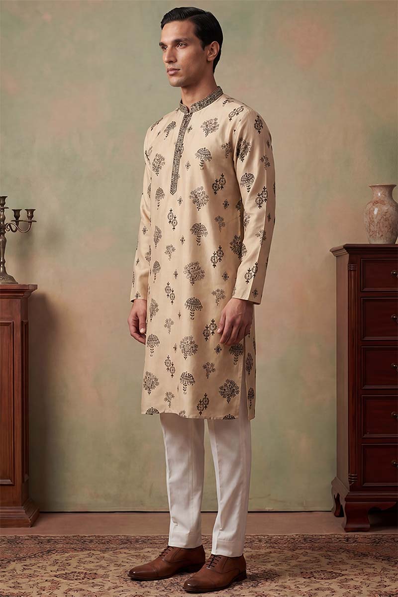 Mens Silk Blend Embroidered Solid Cream Kurta MKU1716