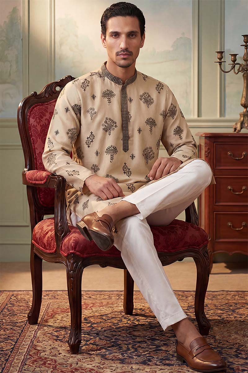 Mens Silk Blend Embroidered Solid Cream Kurta