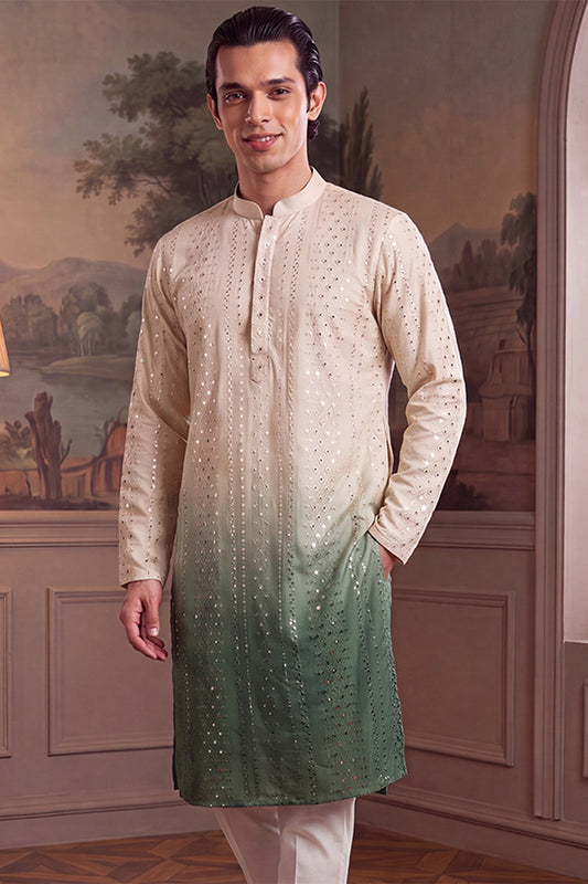 Mens Green Silk Blend Solid Embroidered Kurta MKU1722