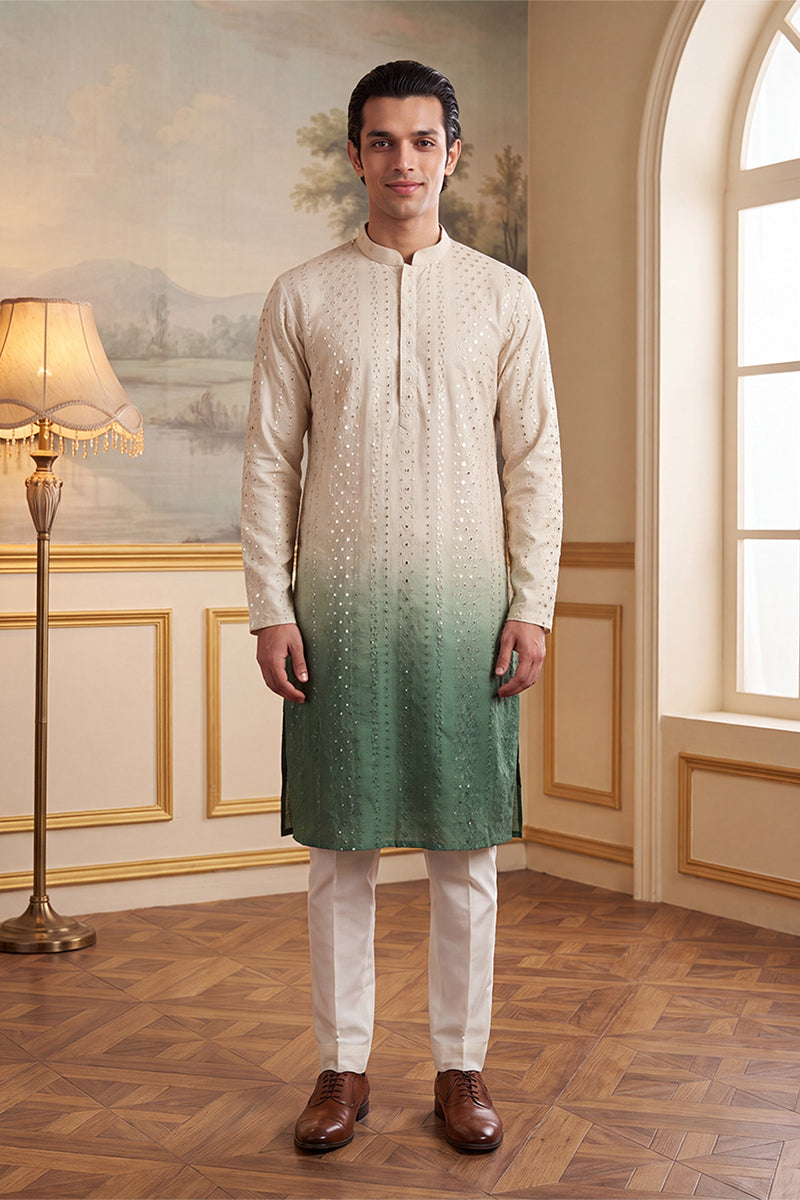 Mens Green Silk Blend Solid Embroidered Kurta MKU1722