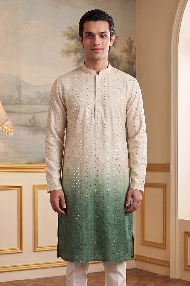 Mens Green Silk Blend Solid Embroidered Kurta MKU1722