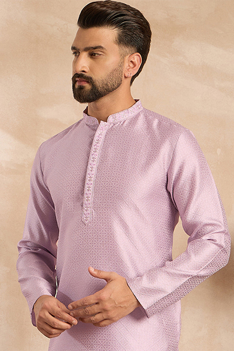 Lavender Polyester Solid Embroidered Straight Kurta With Trouser MKSET1736