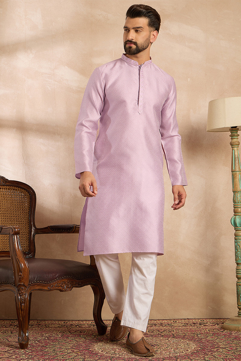 Lavender Polyester Solid Embroidered Straight Kurta With Trouser MKSET1736