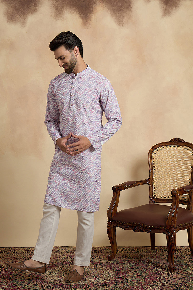 Lavender  Linen Printed Straight Kurta With Trousers MKSET1757