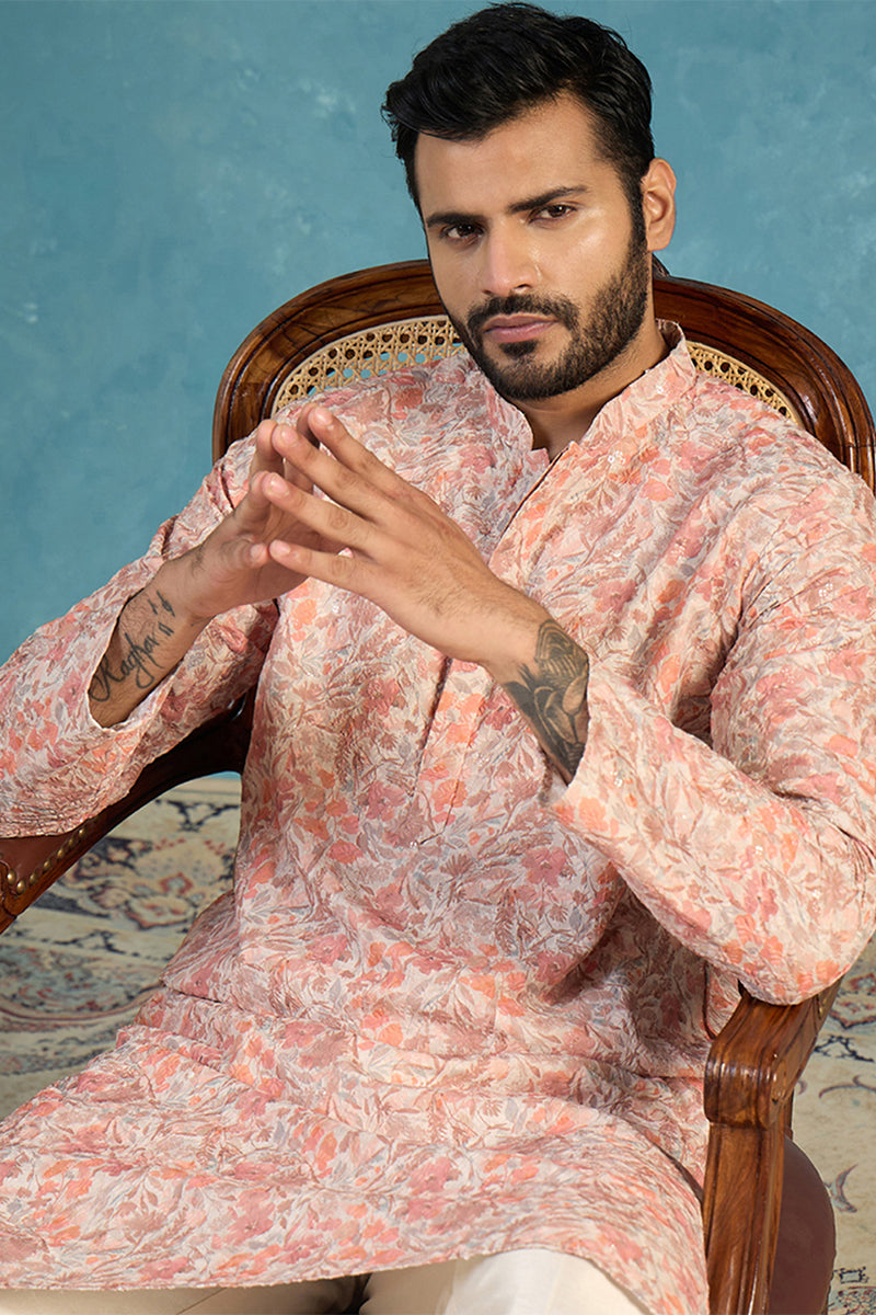 Mens Multi Viscose Rayon Embroidered Calf Length Straight Regular Kurta MKU1759