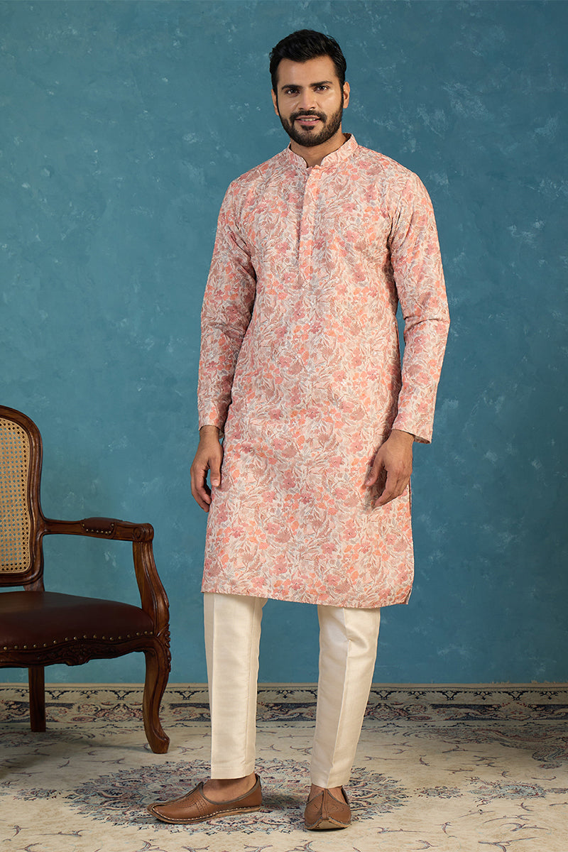 Mens Multi Viscose Rayon Embroidered Calf Length Straight Regular Kurta