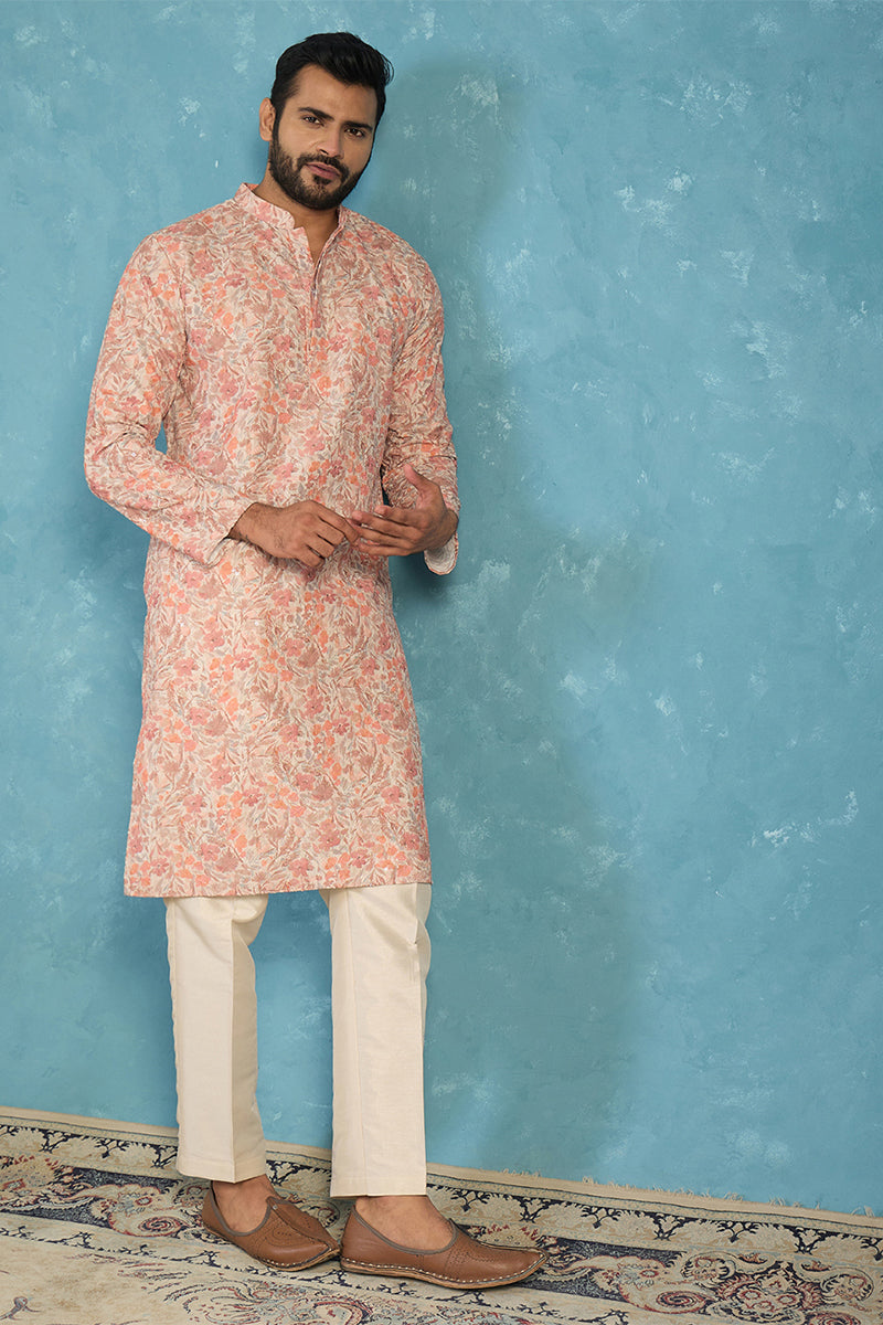 Mens Multi Viscose Rayon Embroidered Calf Length Straight Regular Kurta With Trouser