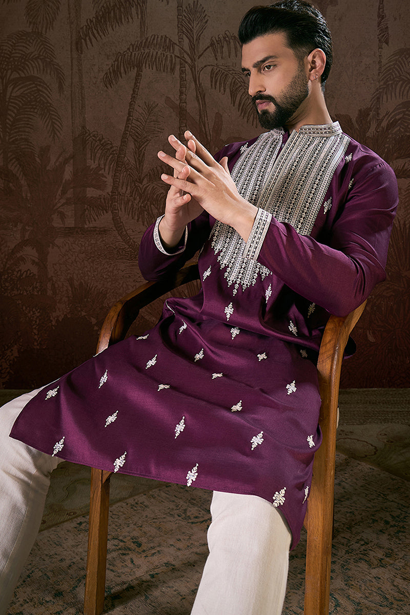 Purple Silk Blend Solid Embroidered Straight Kurta With Trouser MKSET1793