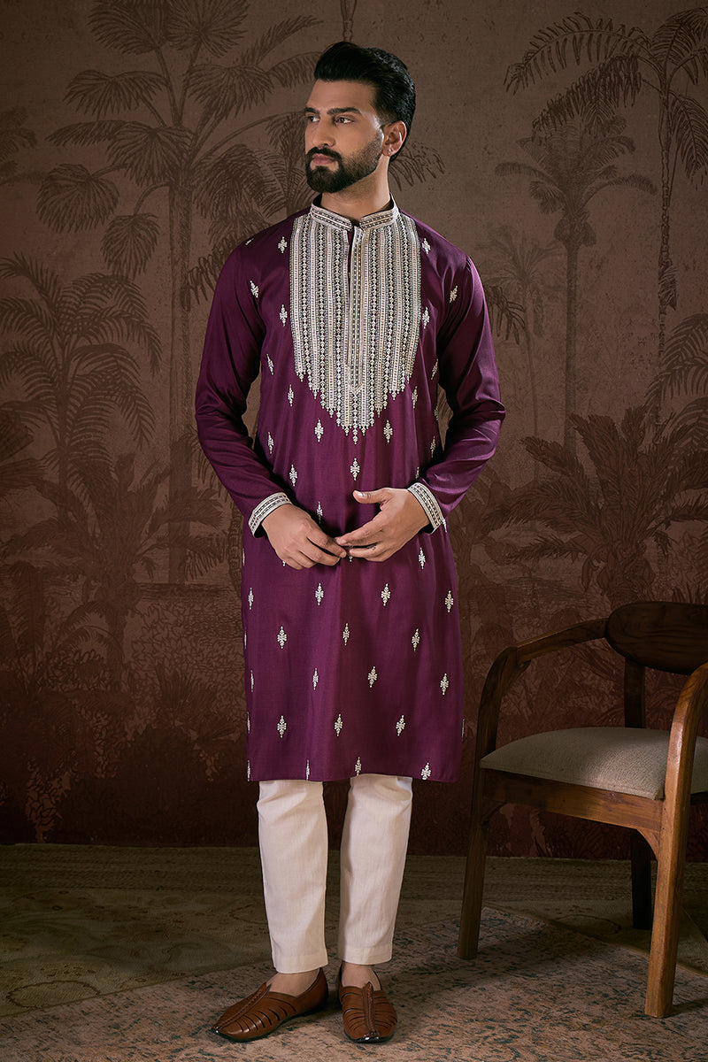 Purple Silk Blend Solid Embroidered Straight Kurta MKU1793