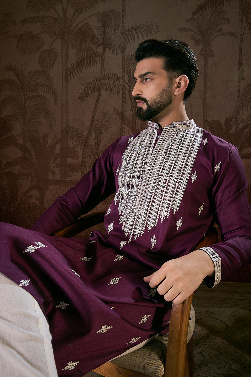Purple Silk Blend Solid Embroidered Straight Kurta MKU1793