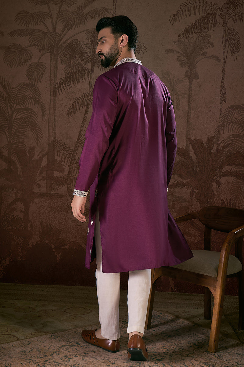Purple Silk Blend Solid Embroidered Straight Kurta MKU1793