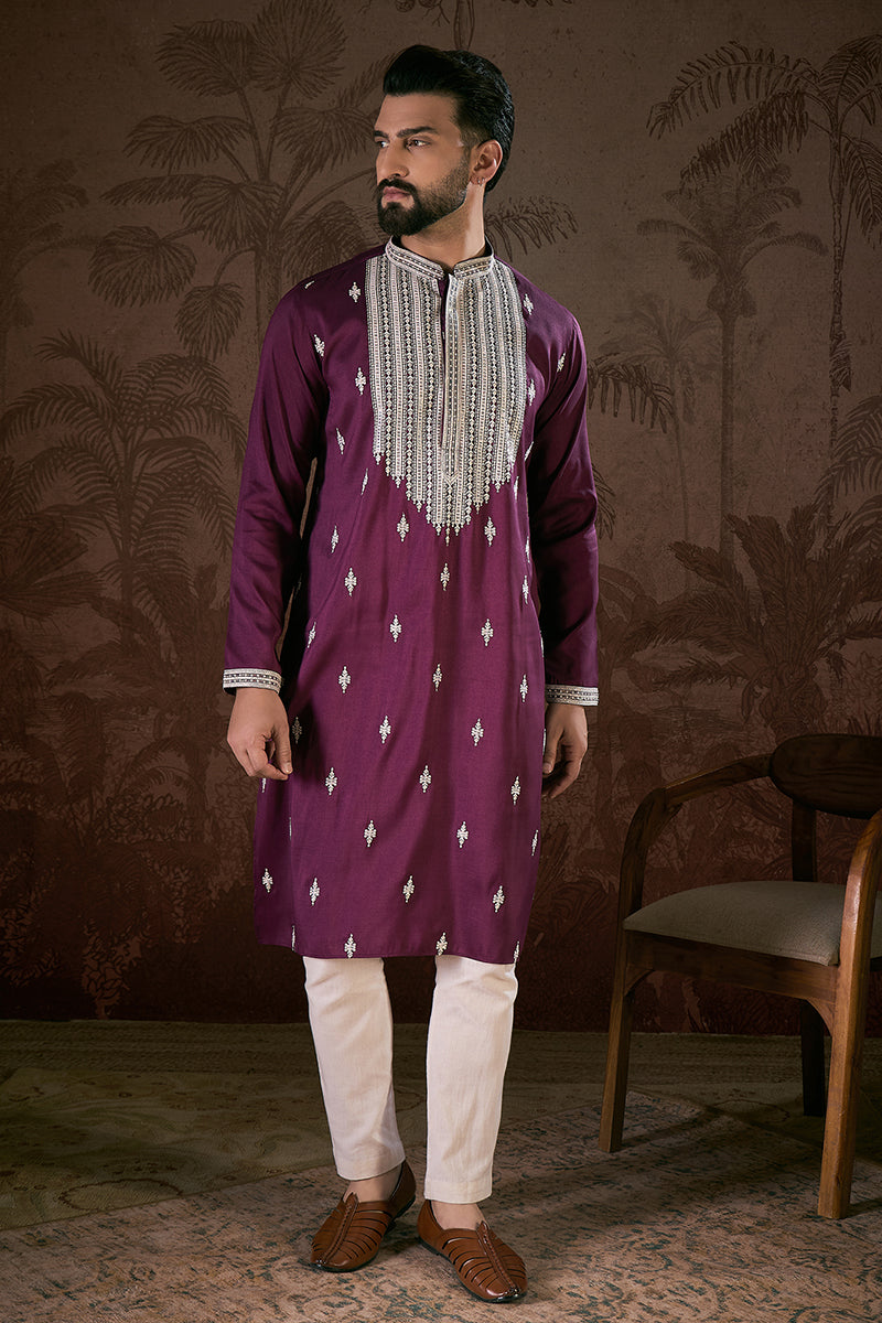 Purple Silk Blend Solid Embroidered Straight Kurta With Trouser