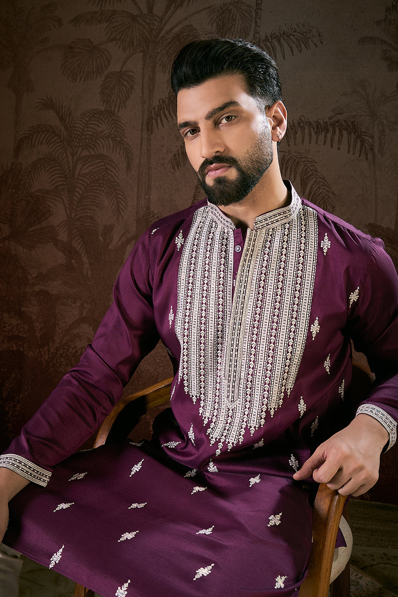 Purple Silk Blend Solid Embroidered Straight Kurta With Trouser