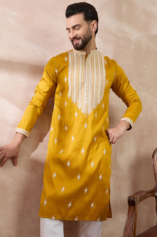 Yellow Silk Blend Embroidered Mandarin Collar Straight Kurta MKU1794
