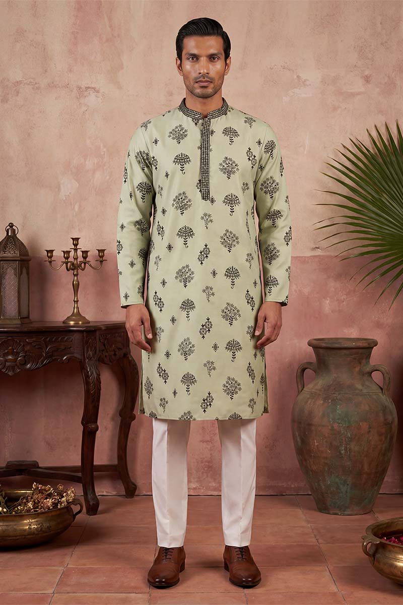 Mens Silk Blend Embroidered Solid Green Kurta MKU1803