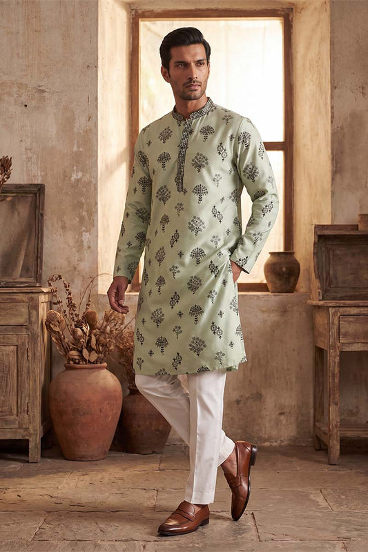 Mens Silk Blend Embroidered Solid Green Kurta With Trousers MKSET1803