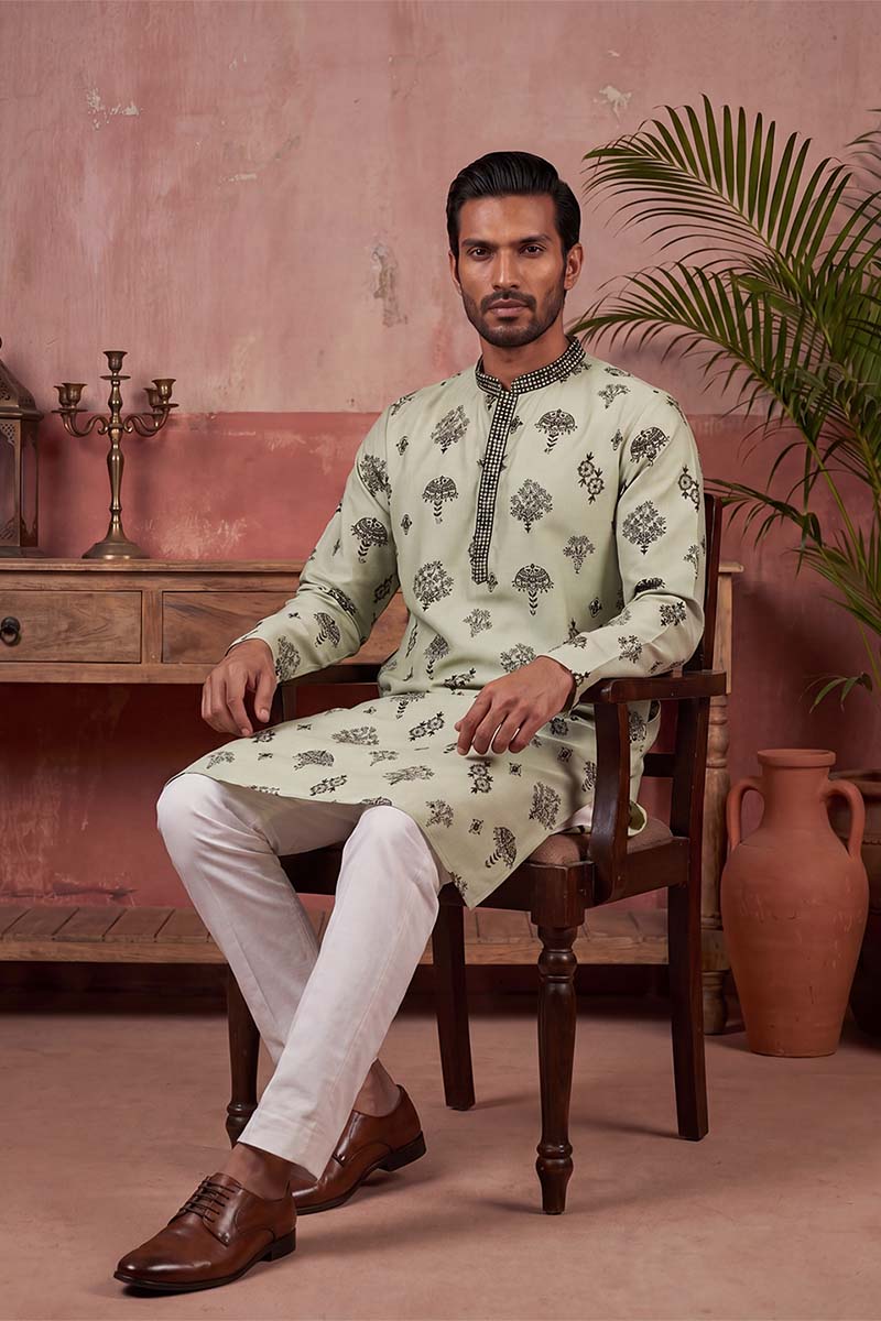 Mens Silk Blend Embroidered Solid Green Kurta