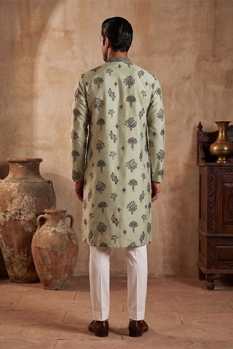 Mens Silk Blend Embroidered Solid Green Kurta