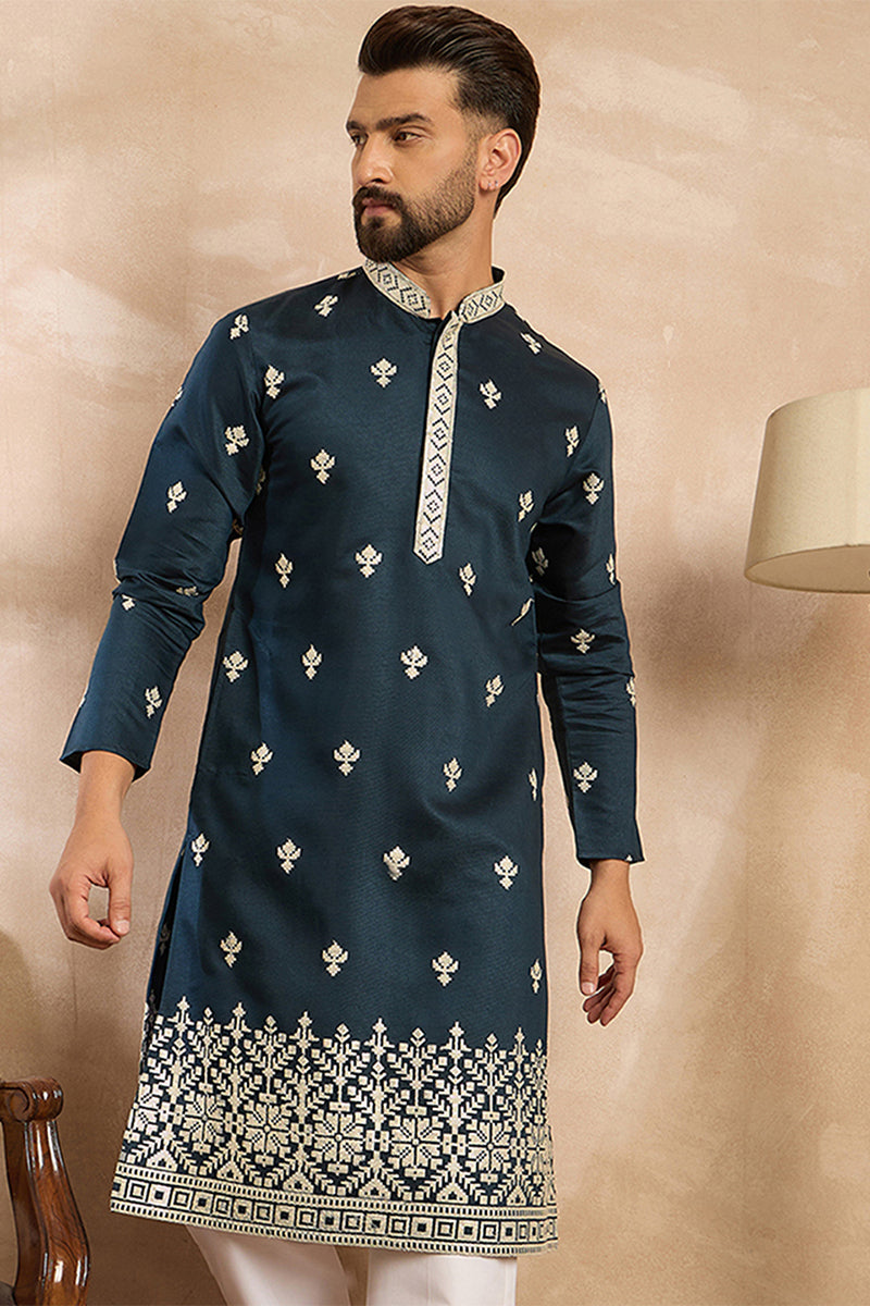 Navy Blue Polyester Solid Embroidered Straight Kurta MKU1810