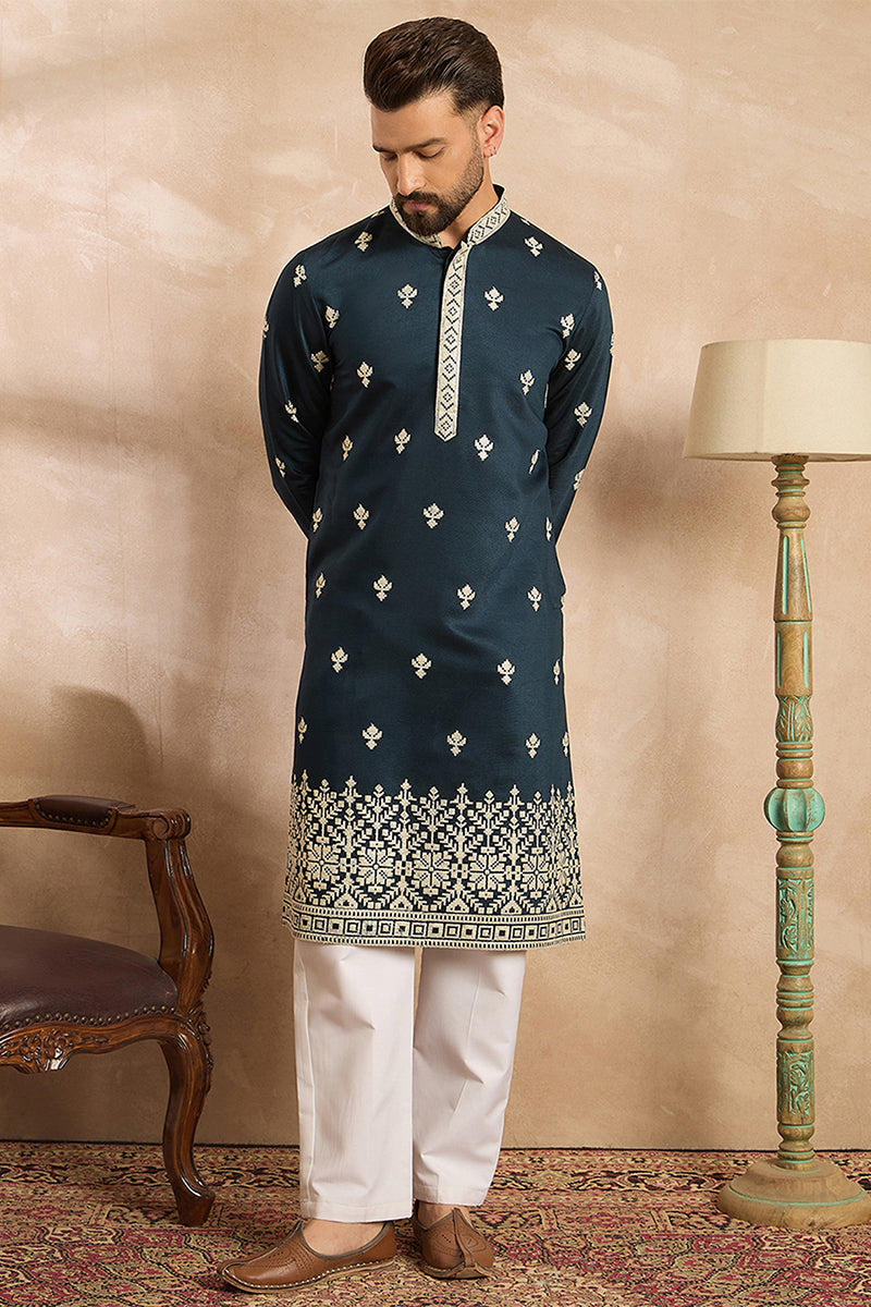 Navy Blue Polyester Solid Embroidered Straight Kurta MKU1810