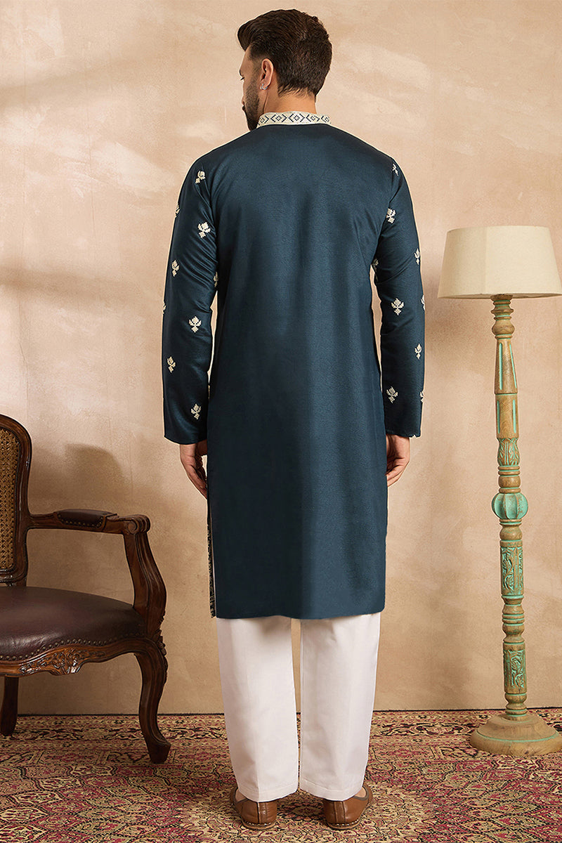 Navy Blue Polyester Solid Embroidered Straight Kurta MKU1810