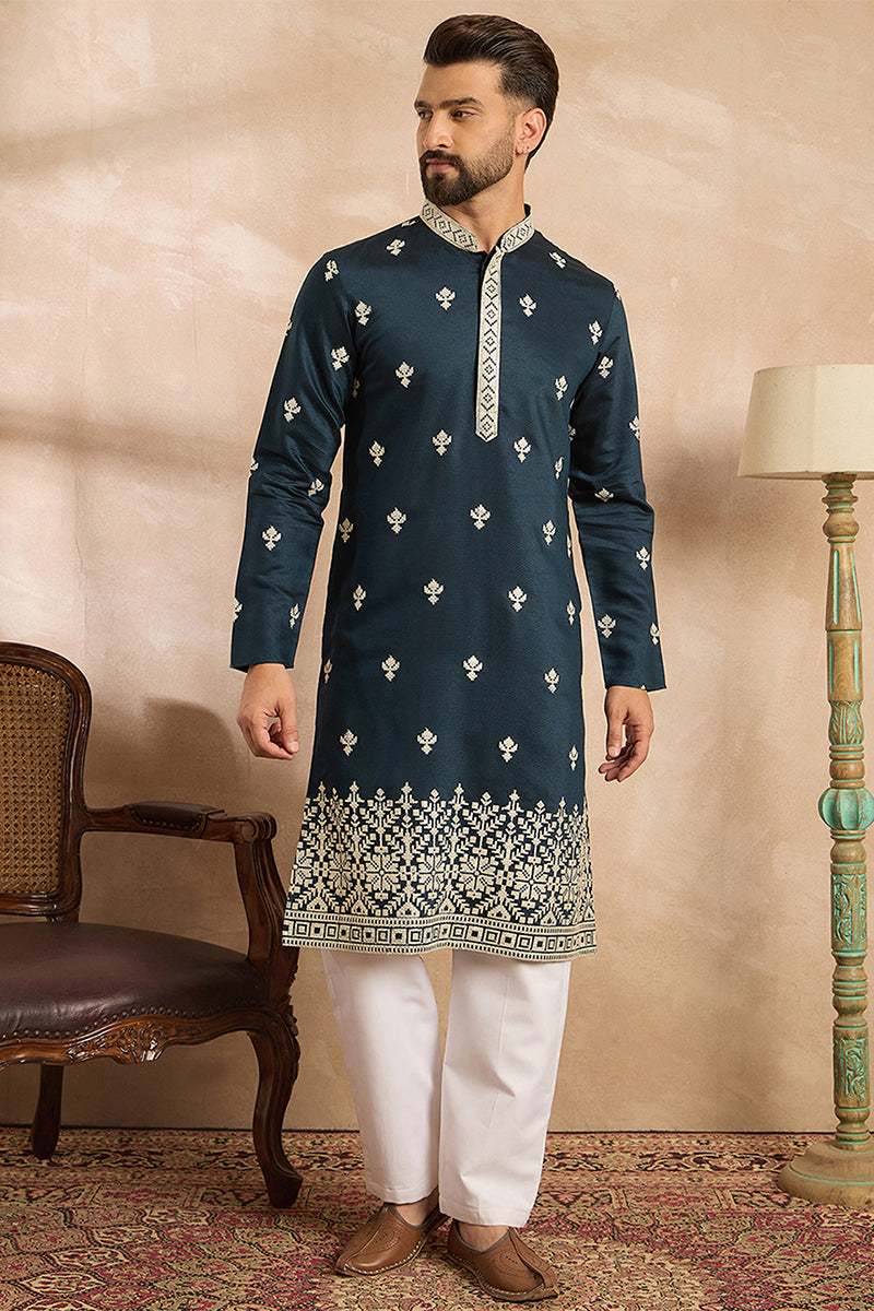 Navy Blue Polyester Solid Embroidered Straight Kurta