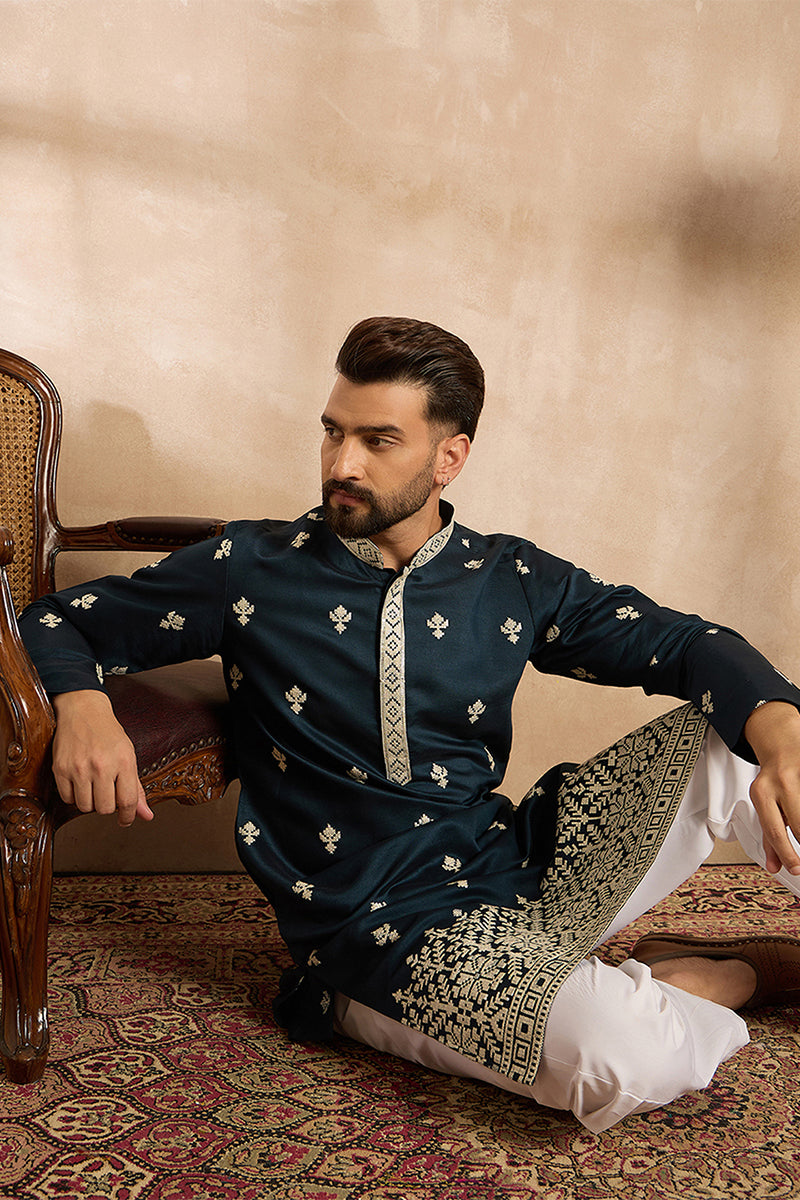 Navy Blue Polyester Solid Embroidered Straight Kurta