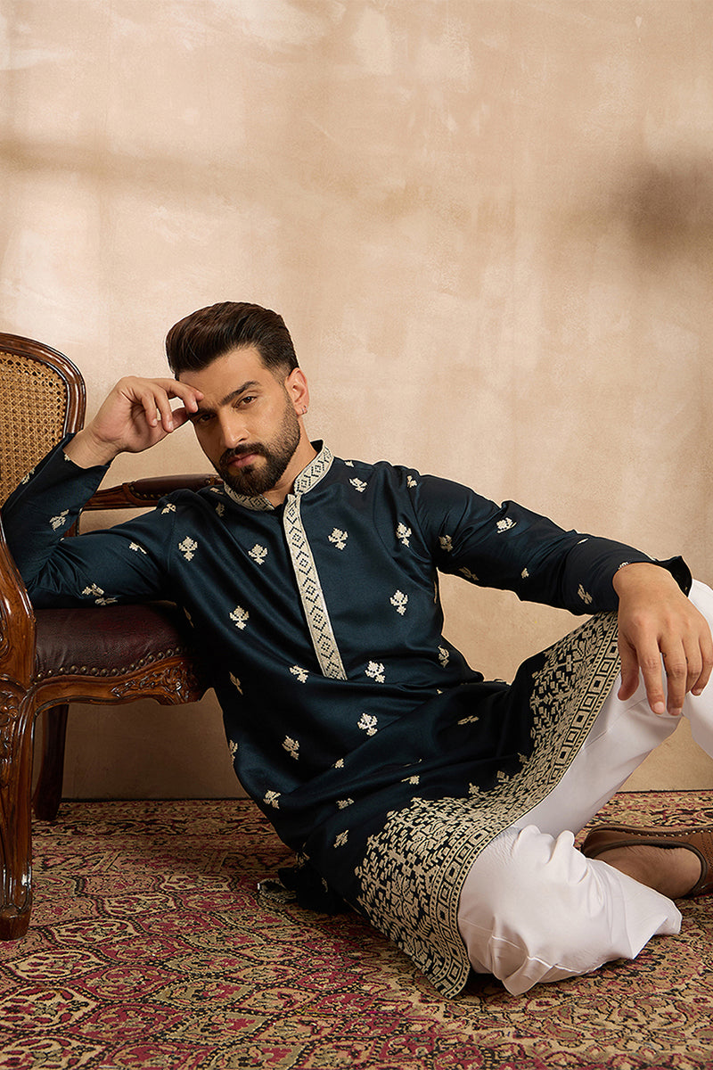 Navy Blue Polyester Solid Embroidered Straight Kurta