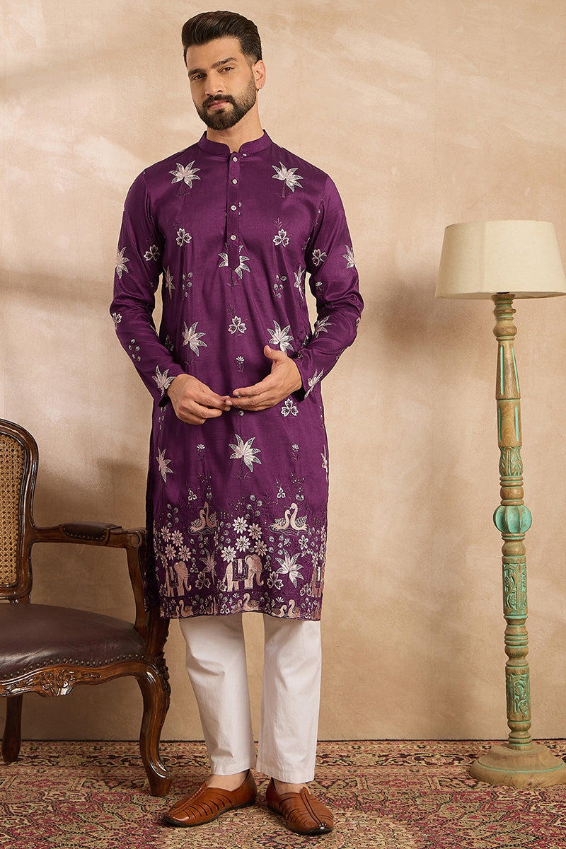 Purple Polyester Solid Embroidered Straight Kurta MKU1834