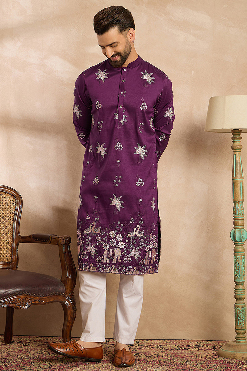 Purple Polyester Solid Embroidered Straight Kurta