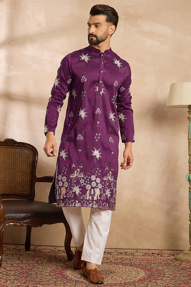 Purple Polyester Solid Embroidered Straight Kurta
