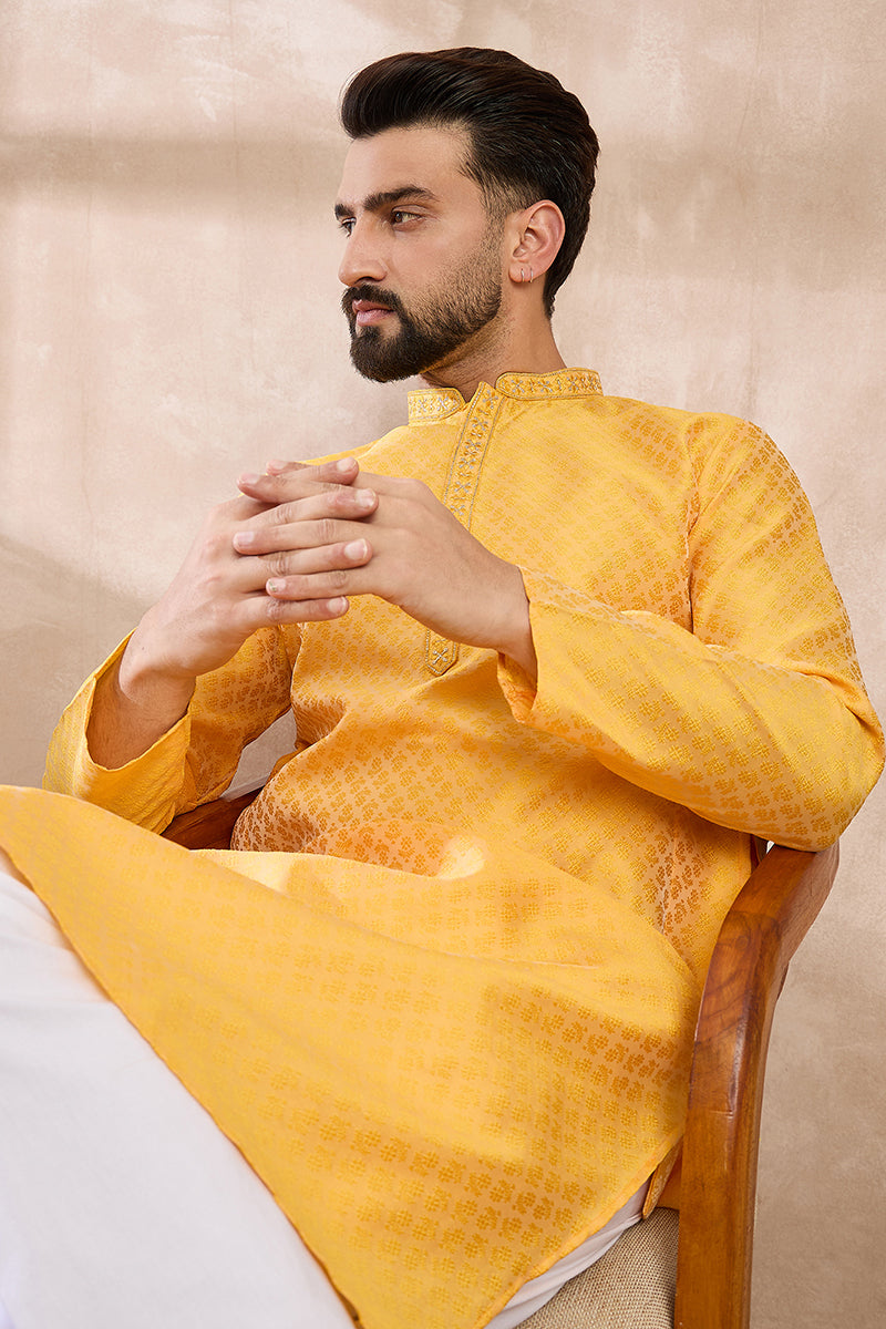 Yellow Silk Blend Solid Embroidered Straight Kurta With Trouser MKSET1837