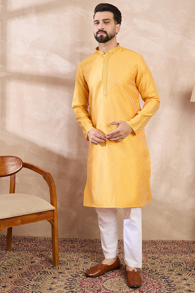 Yellow Silk Blend Solid Embroidered Straight Kurta With Trouser MKSET1837
