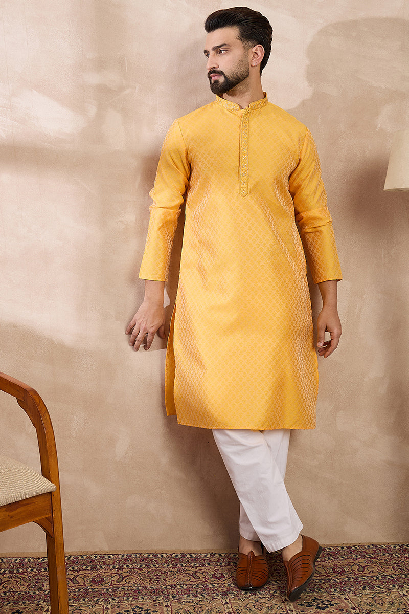 Yellow Silk Blend Solid Embroidered Straight Kurta With Trouser MKSET1837