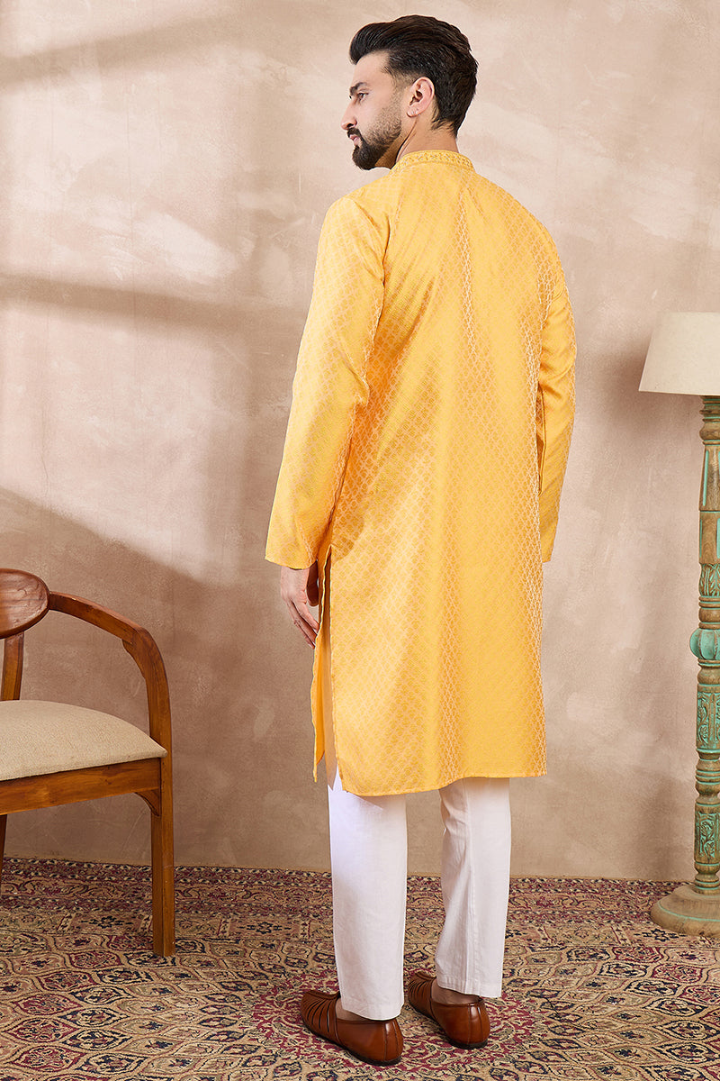 Yellow Silk Blend Solid Embroidered Straight Kurta MKU1837
