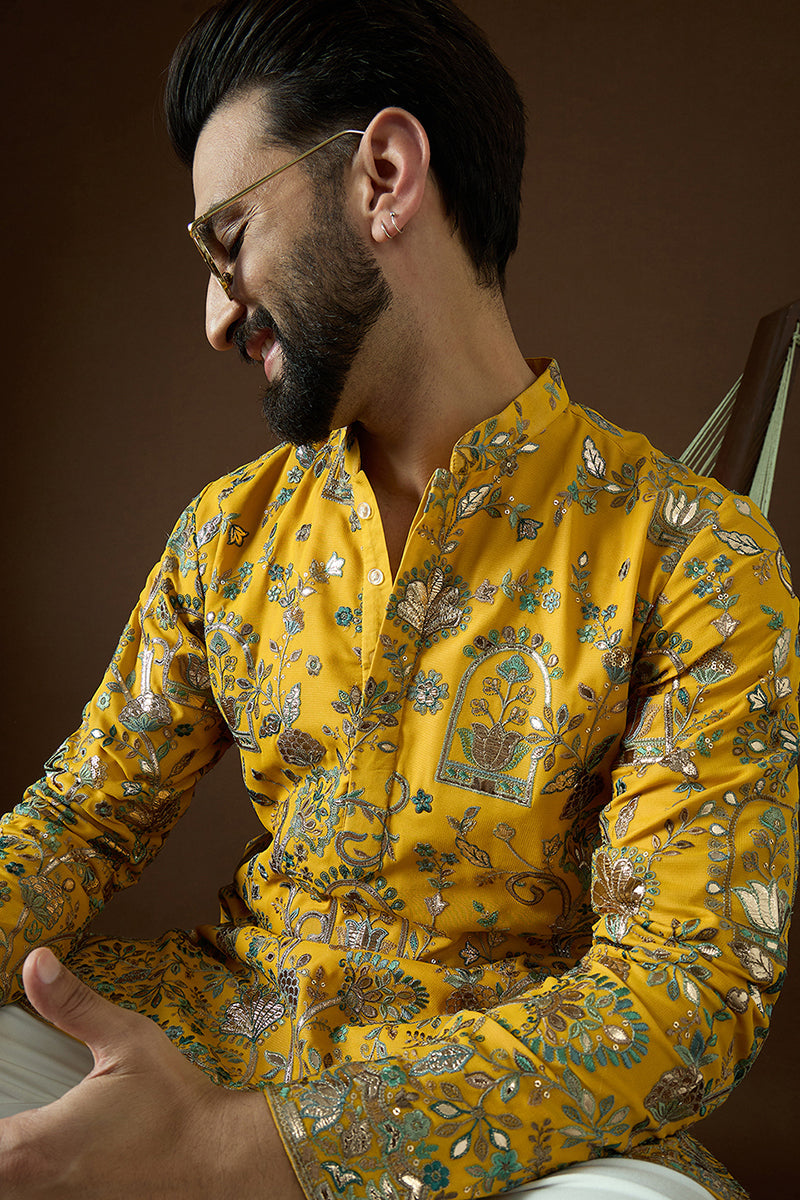 Yellow Georgette Solid Embroidered Straight Kurta MKU1873