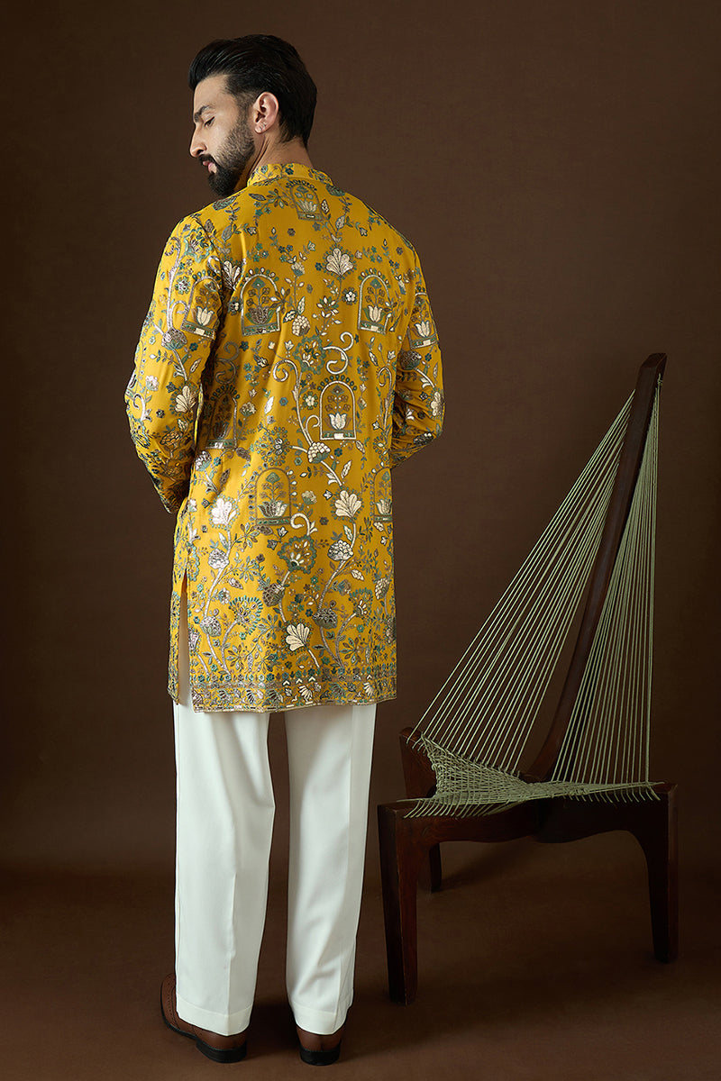 Yellow Georgette Solid Embroidered Straight Kurta MKU1873