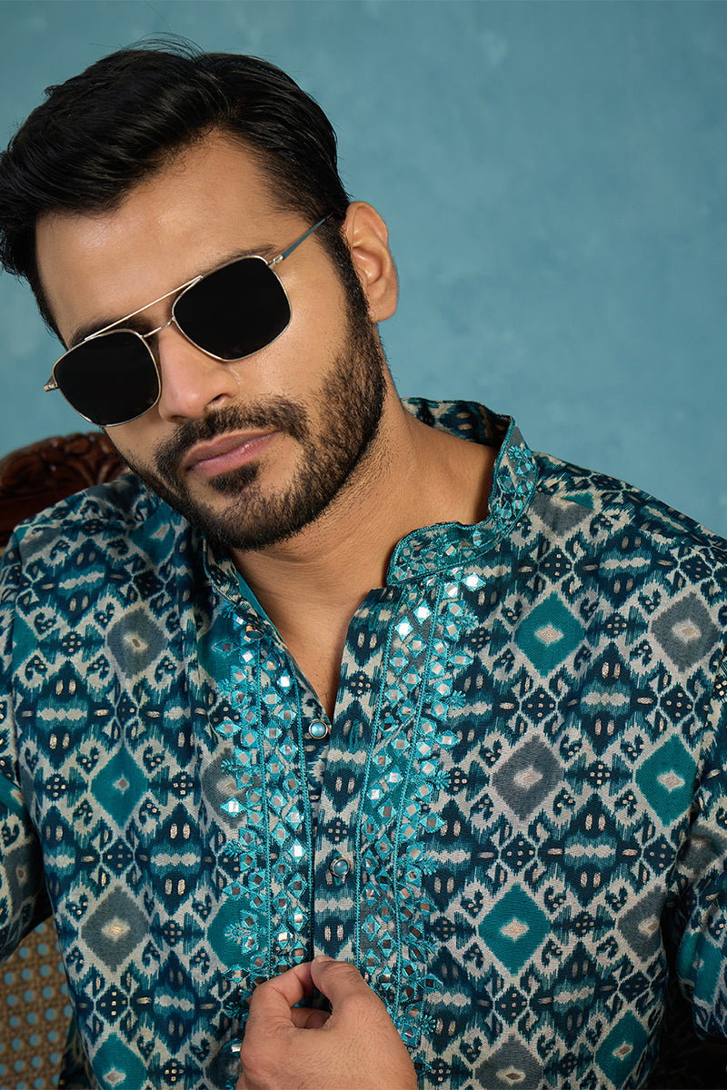 Mens Sea Green Silk Blend Ethnic Motifs Ikat Printed Kurta With Trouser MKSET1893