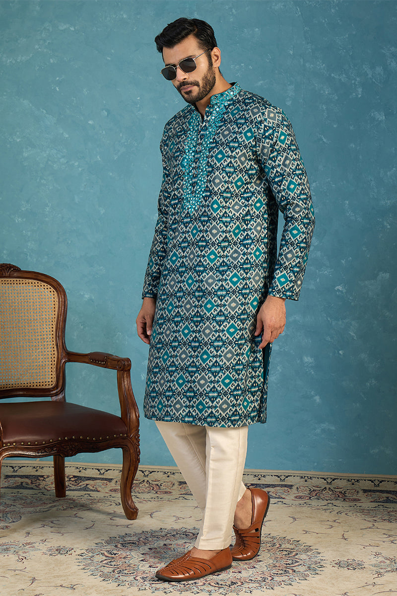 Mens Sea Green Silk Blend Ethnic Motifs Ikat Printed Kurta With Trouser MKSET1893