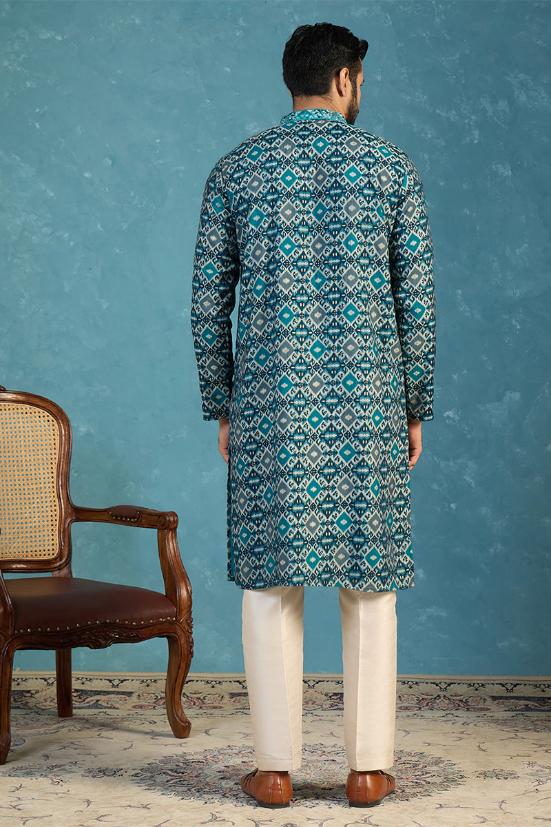 Mens Sea Green Silk Blend Ethnic Motifs Ikat Printed Kurta With Trouser MKSET1893