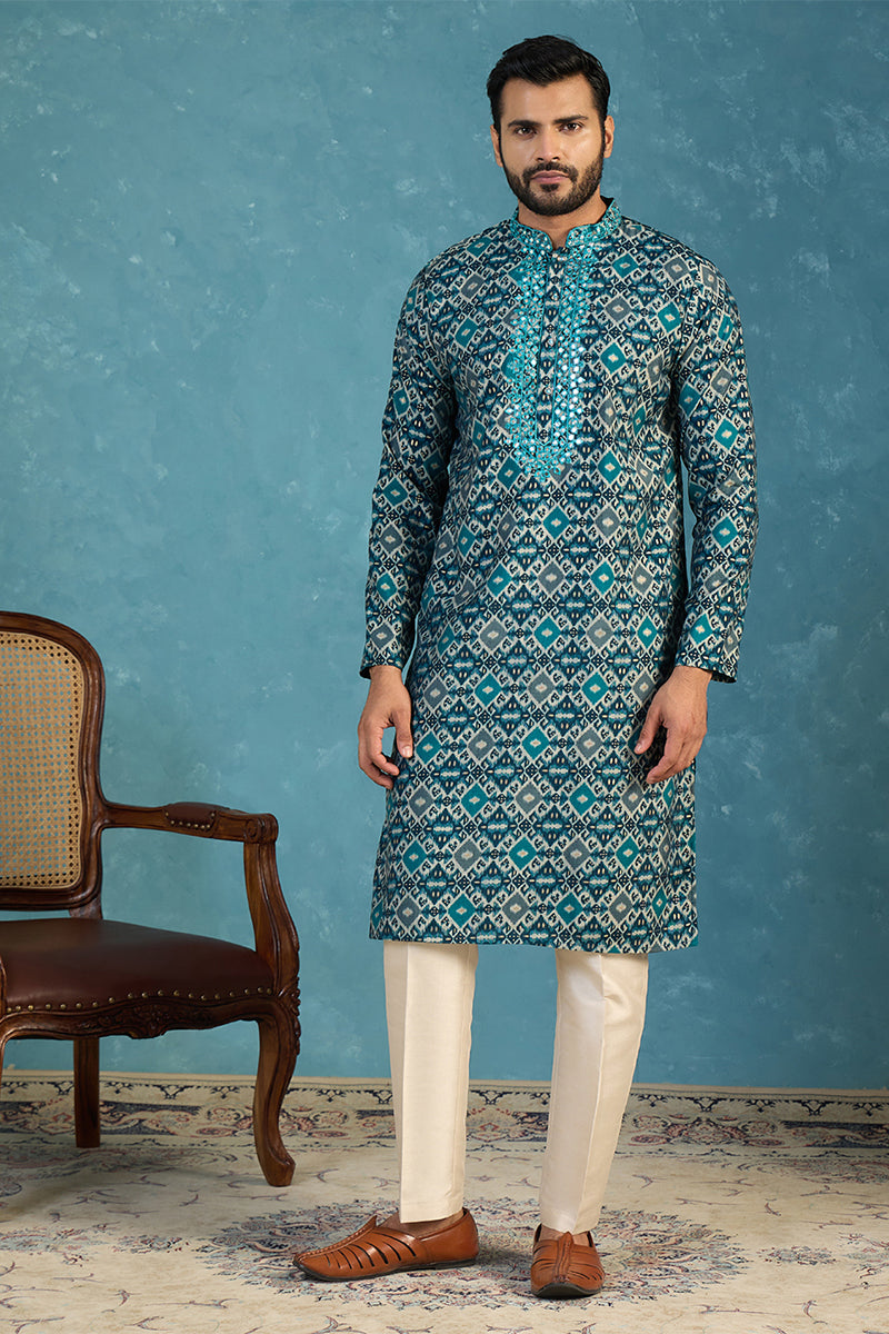 Mens Sea Green Silk Blend Ethnic Motifs Ikat Printed Kurta With Trouser