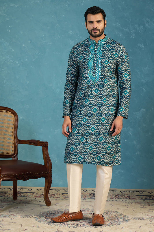 Mens Sea Green Silk Blend Ethnic Motifs Ikat Printed Kurta With Trouser