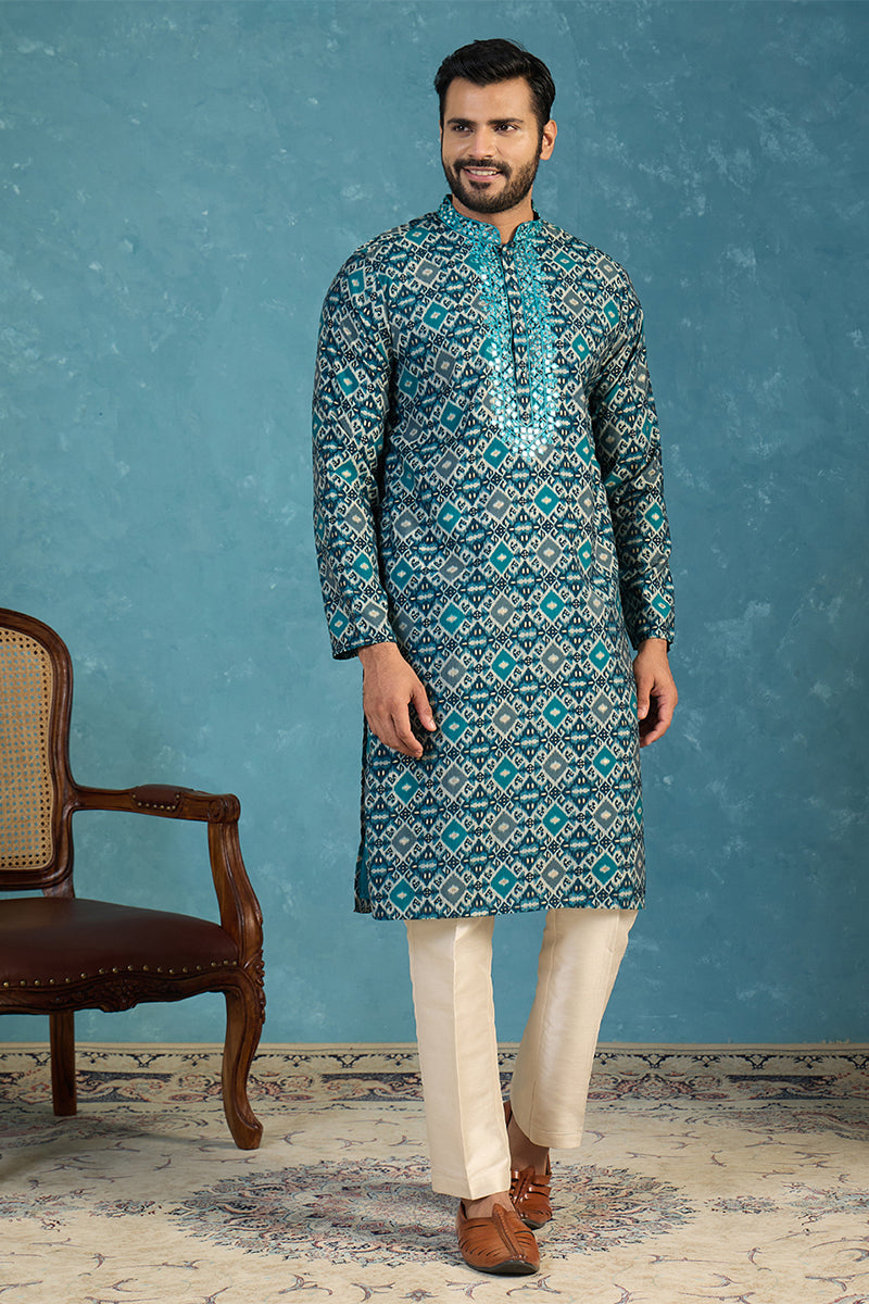 Mens Sea Green Silk Blend Ethnic Motifs Ikat Printed Kurta With Trouser