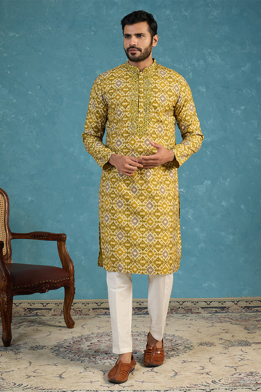 Mens Mustard Silk Blend Ethnic Motifs Ikat Printed Kurta MKU1894