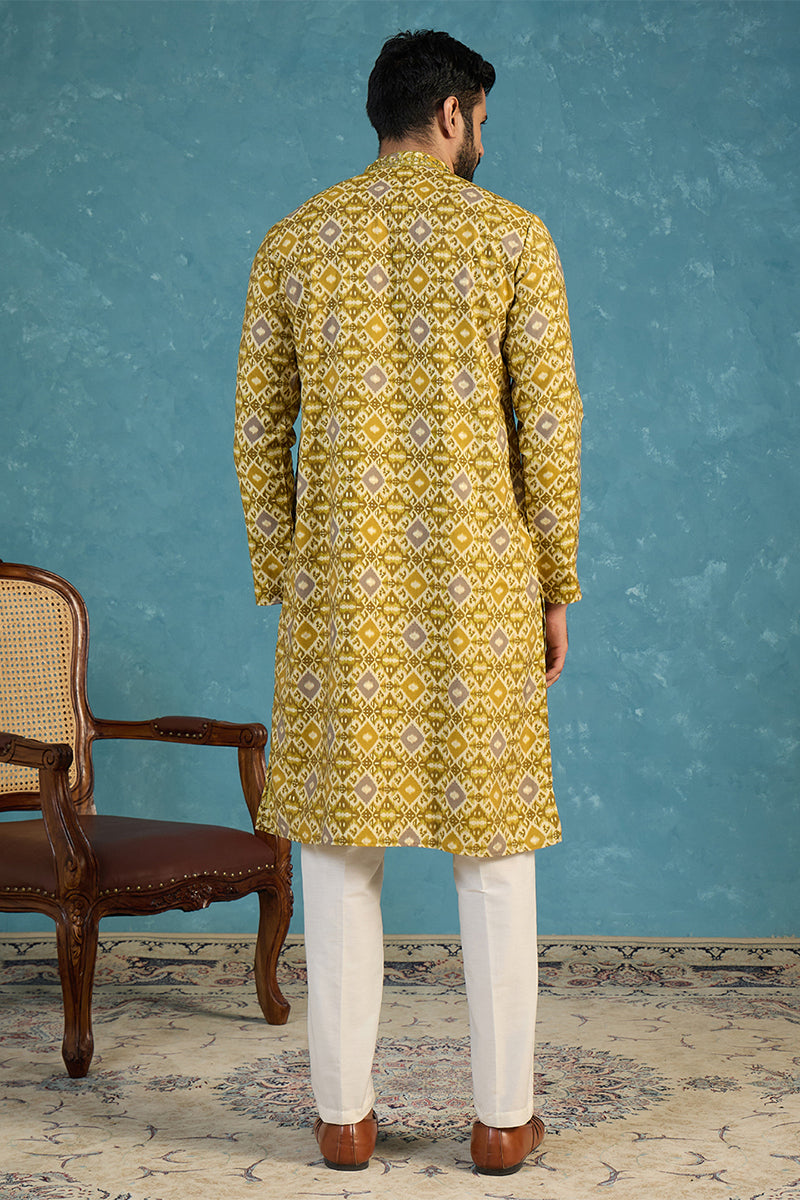 Mens Mustard Silk Blend Ethnic Motifs Ikat Printed Kurta MKU1894