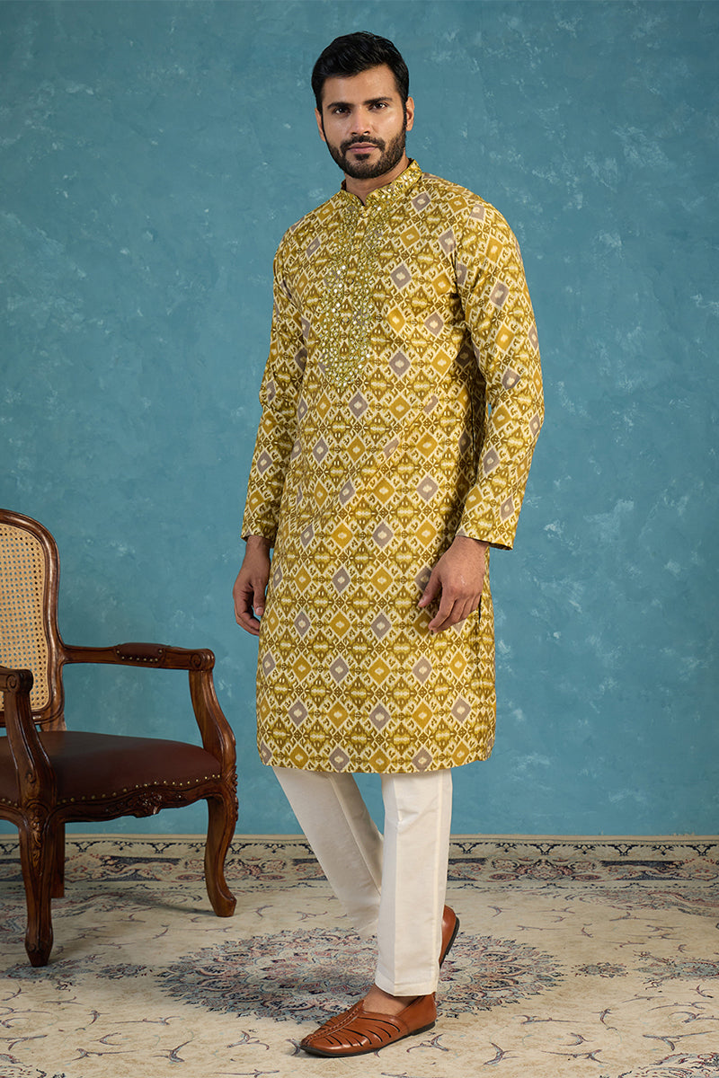 Mens Mustard Silk Blend Ethnic Motifs Ikat Printed Kurta