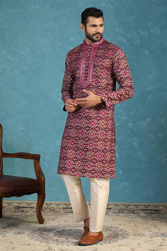 Mens Purple Silk Blend Ethnic Motifs Ikat Printed Kurta With Trouser MKSET1895